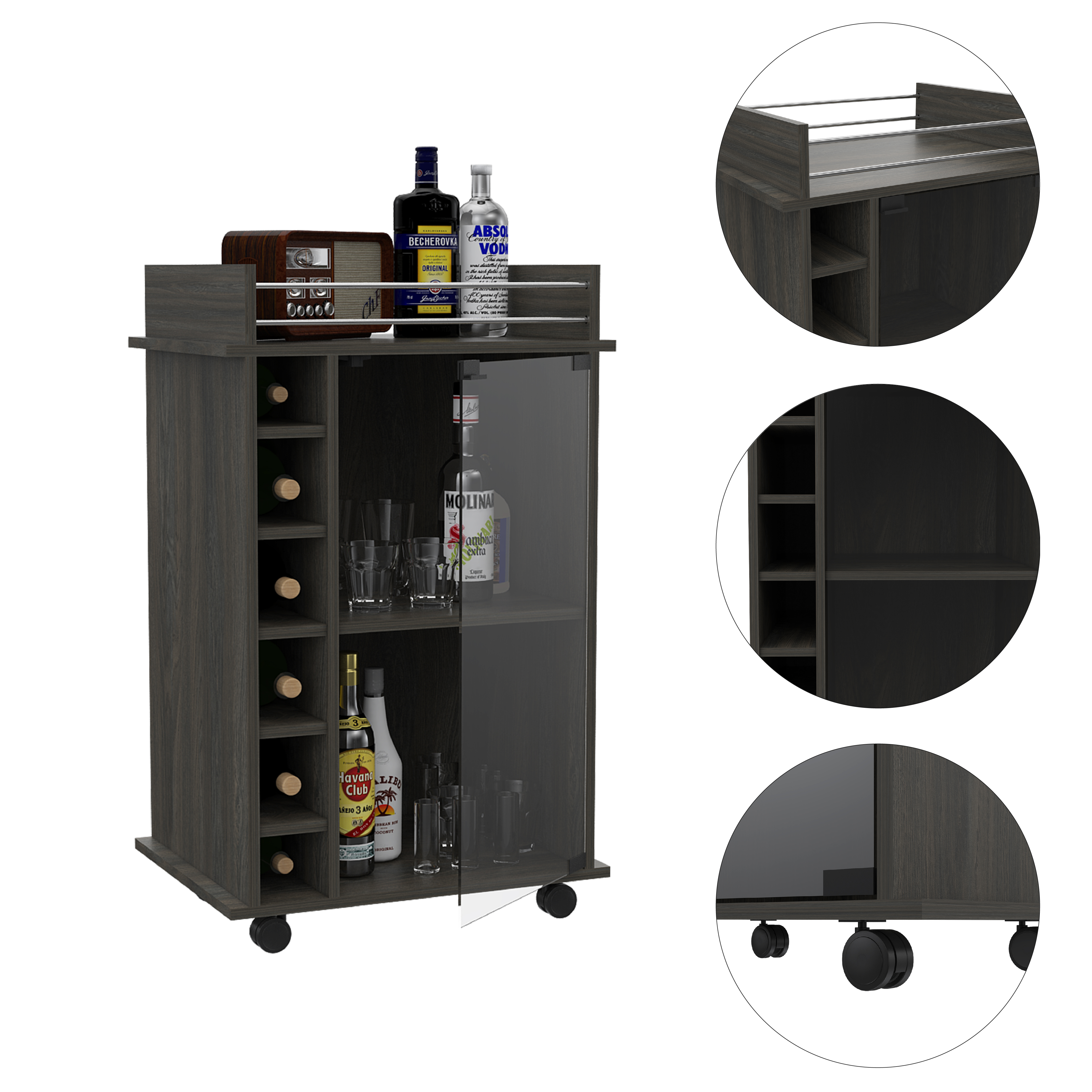 Dukat Bar Cart,Two Shelves, Six Built-in Wine Rack, Four Casters -Espresso